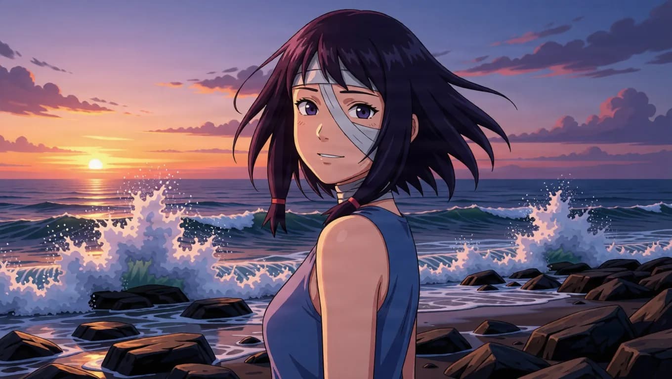 A purple-haired girl with a bandage across one side of her face glances back over her shoulder on a rocky beach as waves crash at sunset.