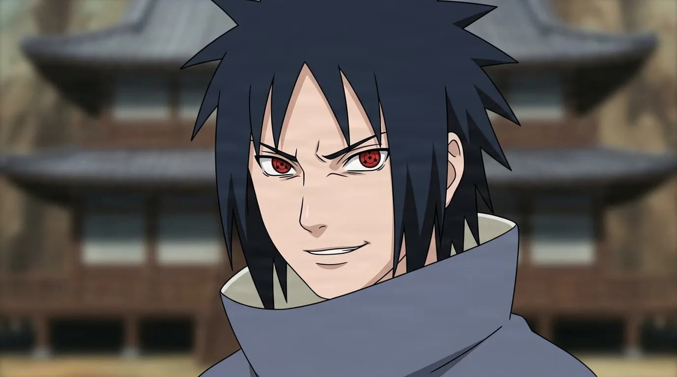 Izuna Uchiha from Naruto in a close-framed cel-shaded anime scene with a detailed environment