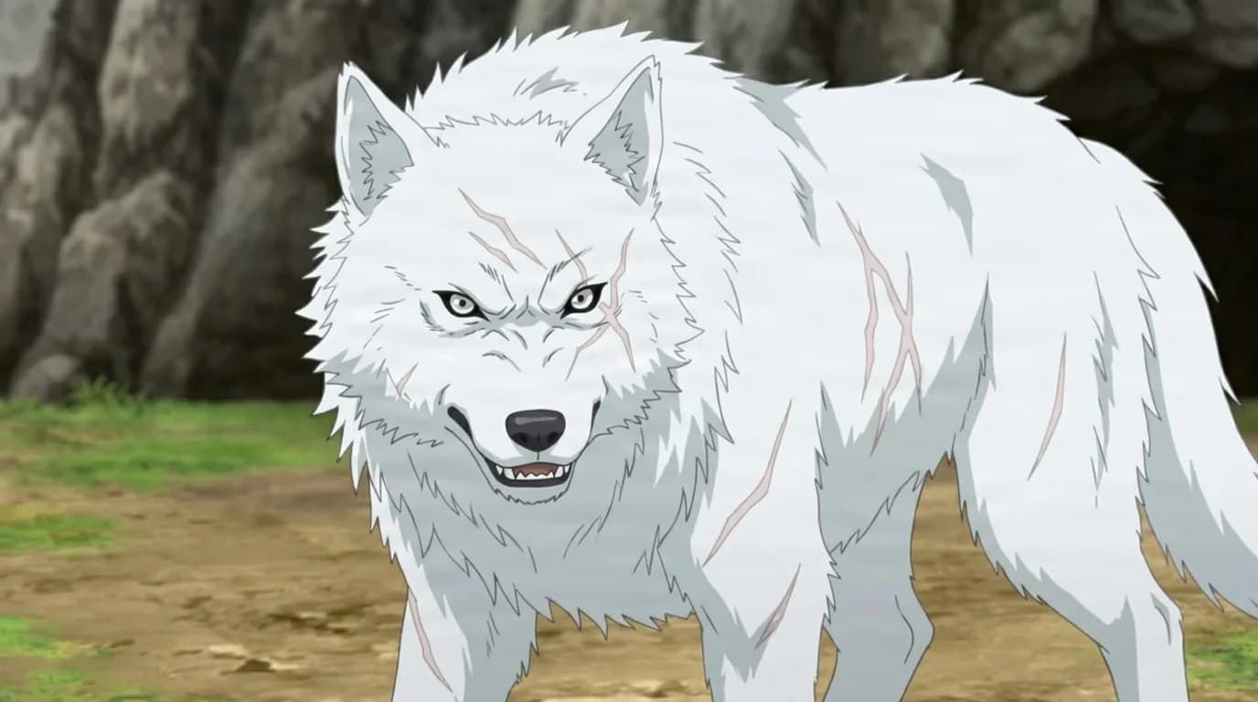 『NARUTO』のキャラクター、ジャギー。細部まで描き込まれた背景を伴う、クローズアップのセル画調アニメシーンとして描かれている。