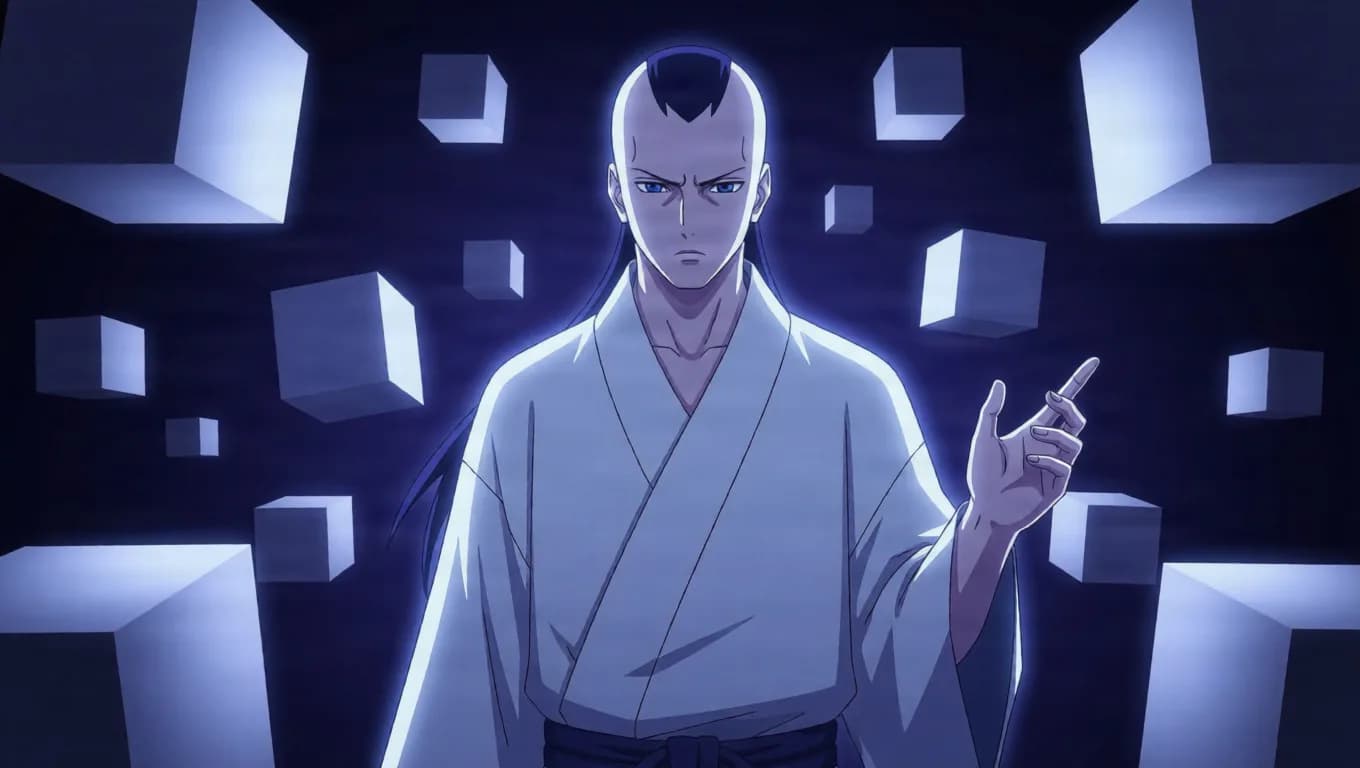 Pale man with an elongated bald head and a small dark hair tuft wearing a white robe raising one hand among glowing white cubes floating in a dark void