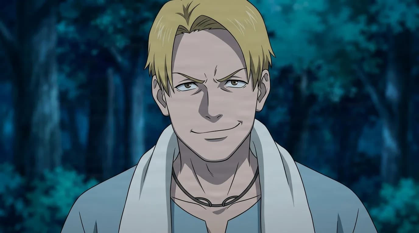 『NARUTO』のキャラクター、ジン。細部まで描き込まれた背景を伴う、クローズアップのセル画調アニメシーンとして描かれている。