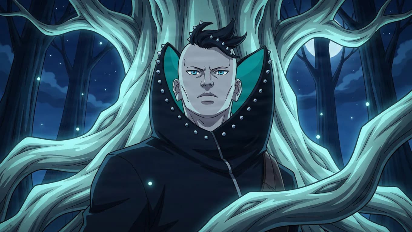 A pale stern man with black spiked hair studded with white beads and a high collar stands among glowing white tree roots in a moonlit forest.