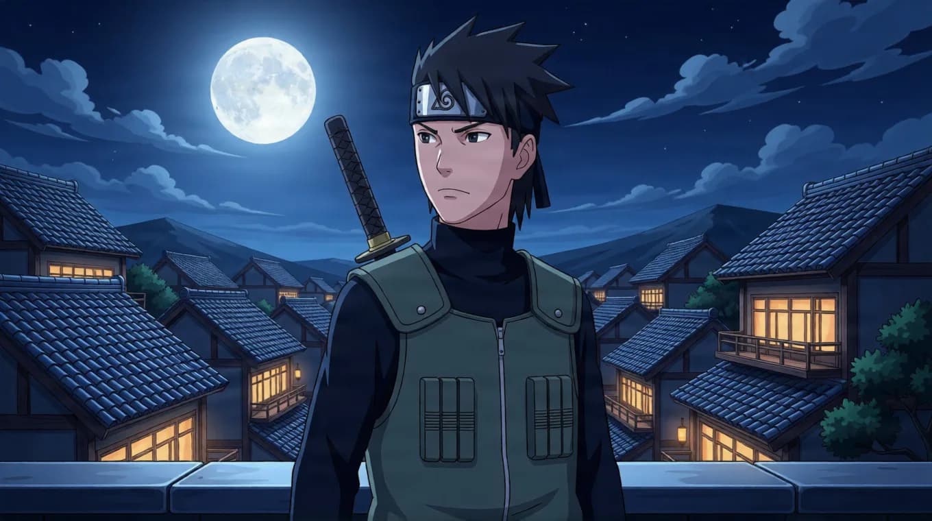 Shinobi with spiky dark hair and a gray flak vest stands on a rooftop terrace at night, sword sheathed on his back, full moon over the sleeping village