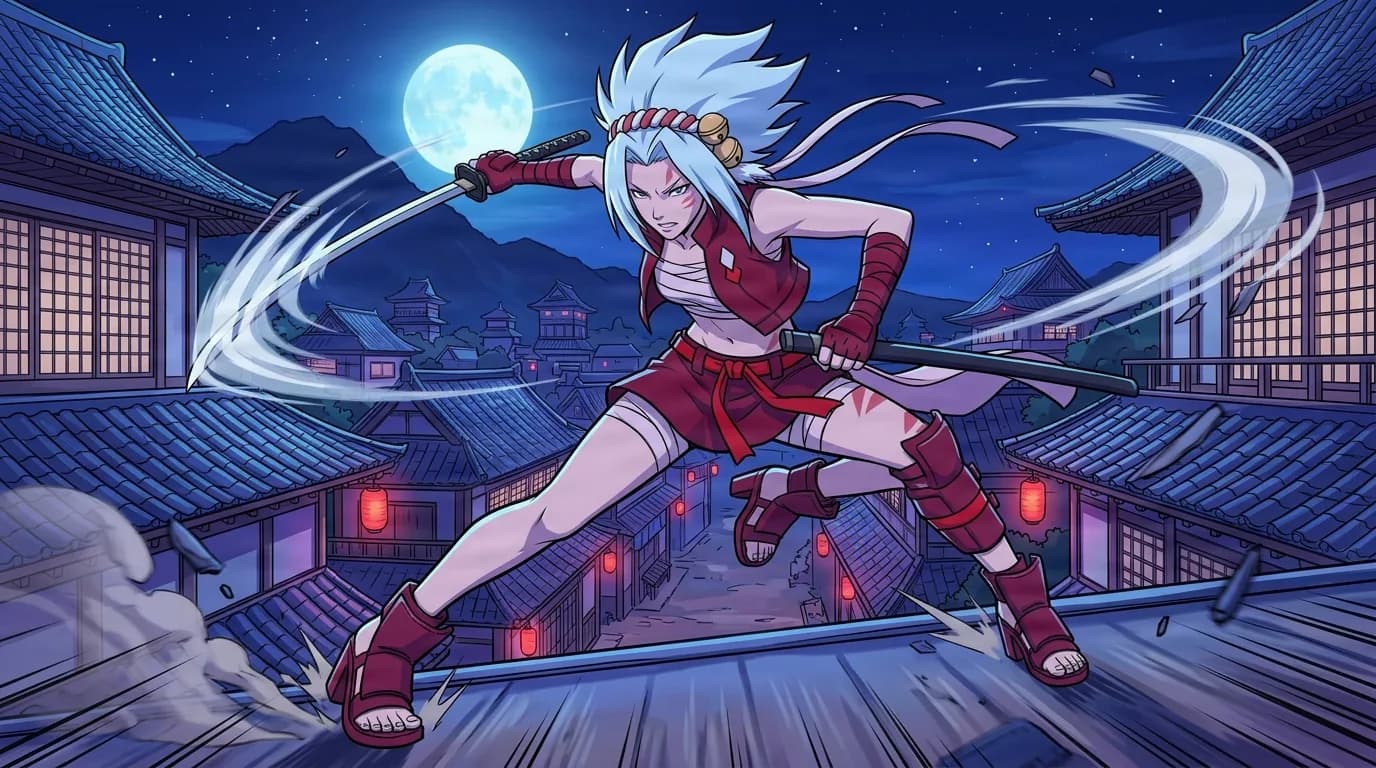 Silver haired kunoichi in a red outfit lunging across a moonlit village rooftop with a drawn katana, white sword trails swirling around her