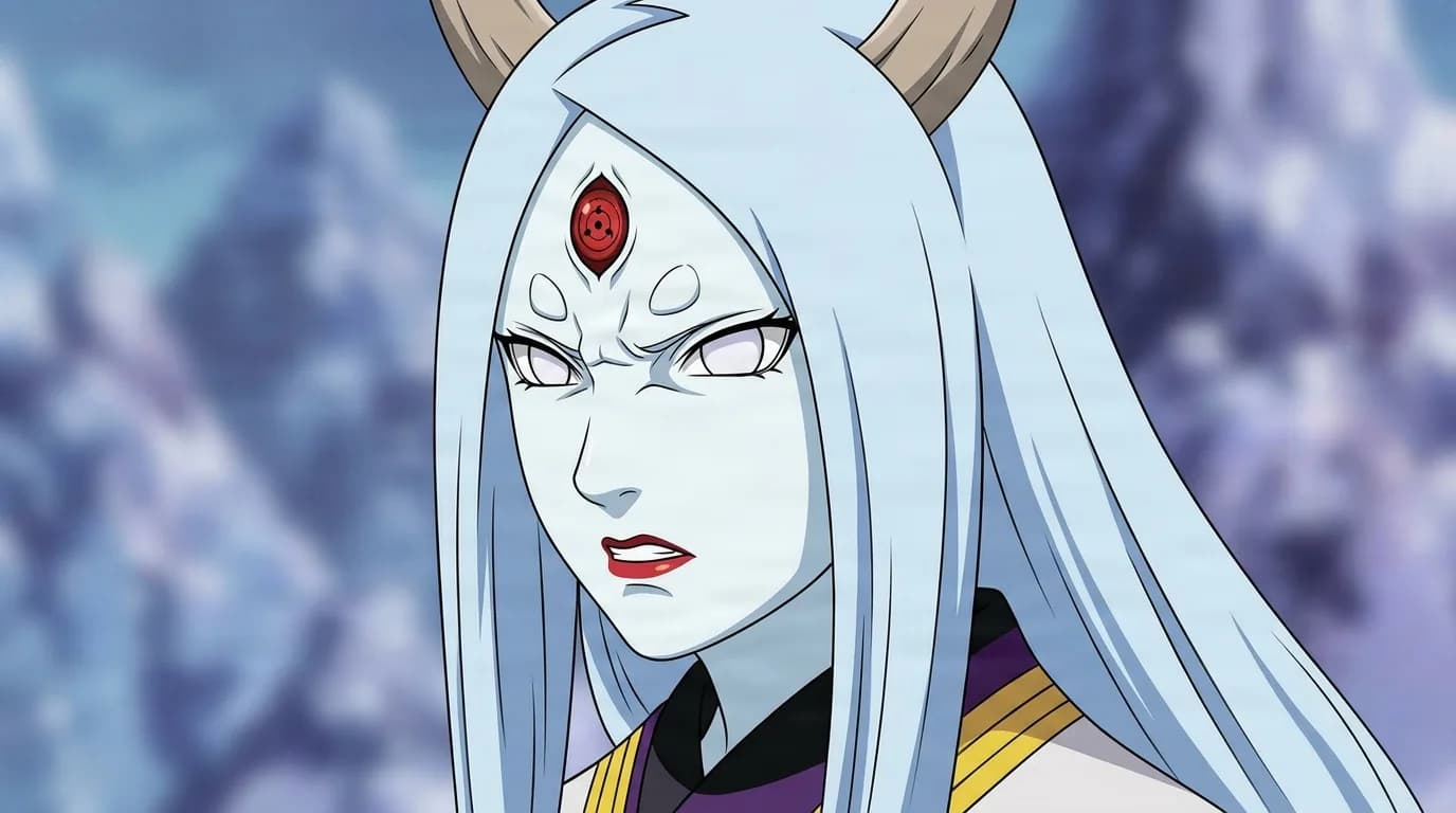 Kaguya Ōtsutsuki from Naruto in a close-framed cel-shaded anime scene with a detailed environment