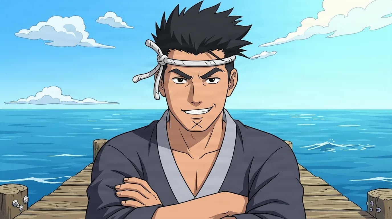 Muscular man with spiky black hair, a white headband and an X-shaped scar on his chin crosses his arms with a confident grin on a seaside dock under a blue sky.