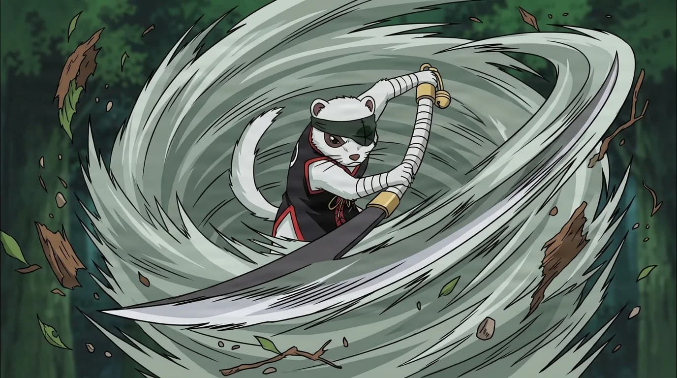 White weasel in a black vest swings an oversized scythe while riding a swirling whirlwind that tears leaves and branches through a forest.