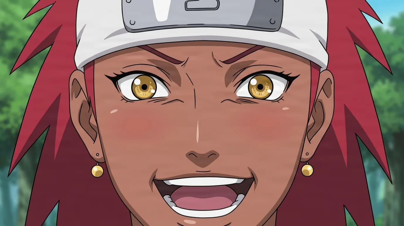 Karui from Naruto in a close-framed cel-shaded anime scene with a detailed environment
