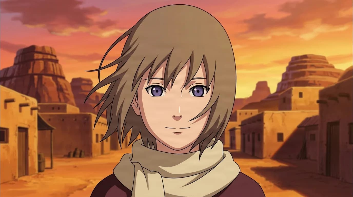 A woman with light brown hair and violet eyes wearing a cream scarf smiles gently in a sandy desert village at orange sunset