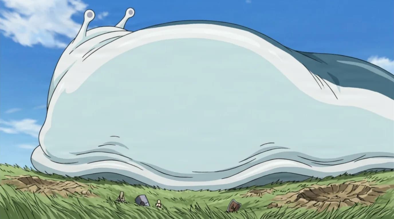 A colossal pale blue-white slug with two raised eye-stalks rests on a grassy field under a bright blue sky, dwarfing tiny figures below