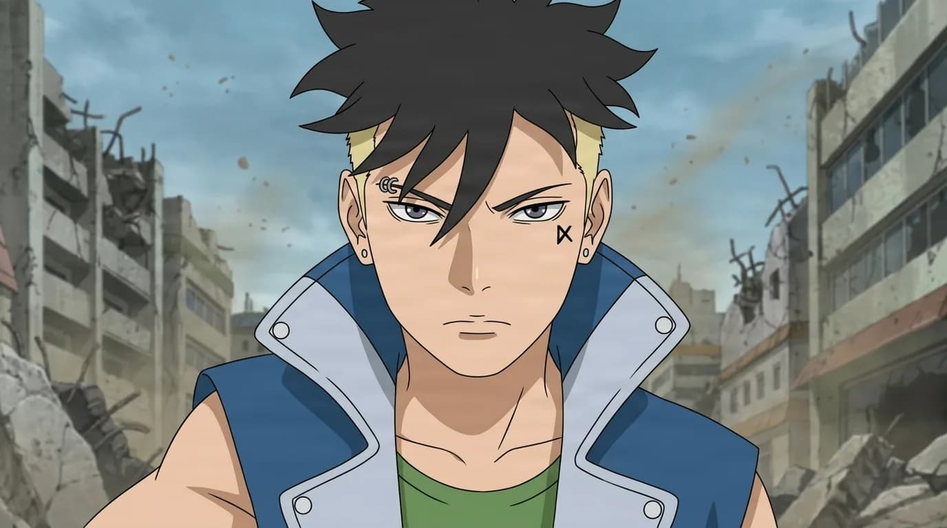 A dark-haired teenage boy with an X mark on his cheek and a sleeveless blue vest stares ahead with a hard expression amid a ruined city of crumbling buildings.