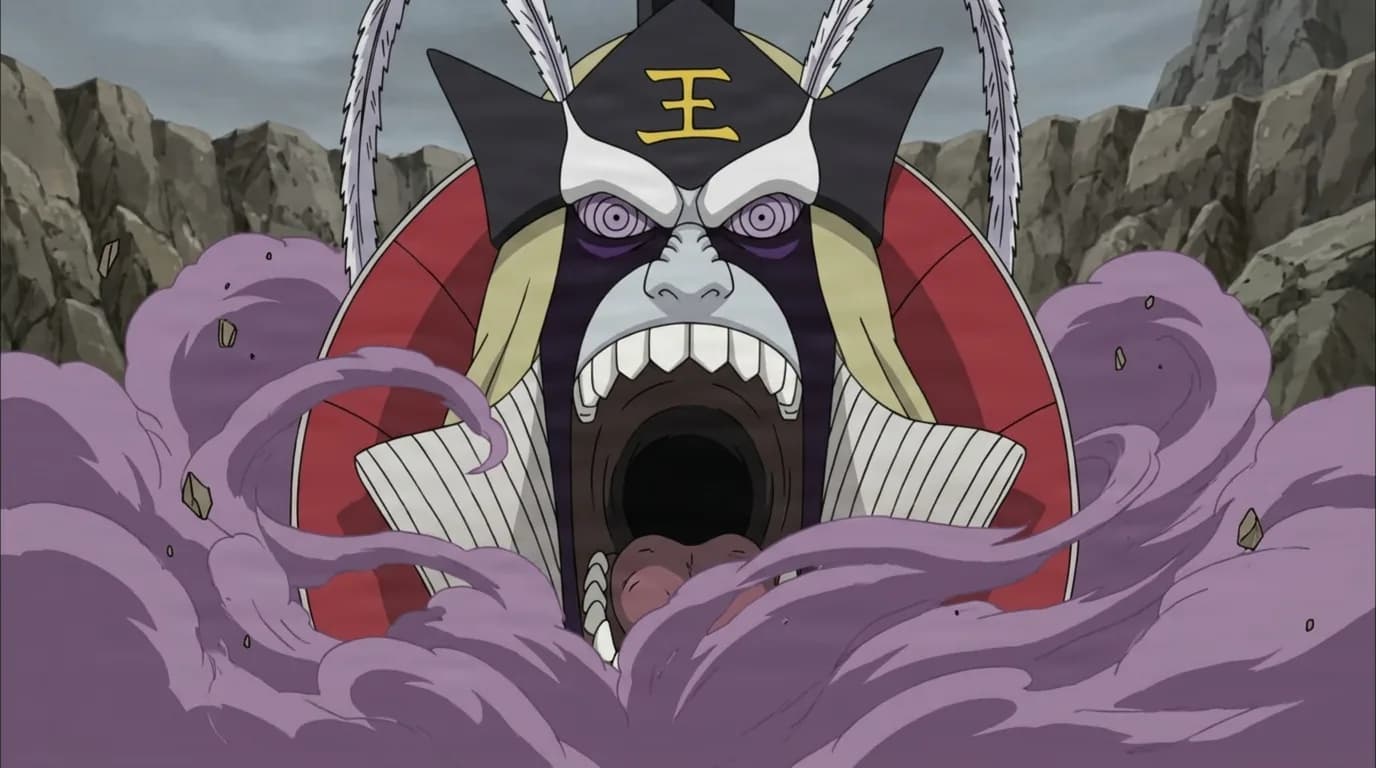 A towering demonic head summon with a crowned mask and gaping fanged jaws roars amid swirling purple mist in a rocky crater.