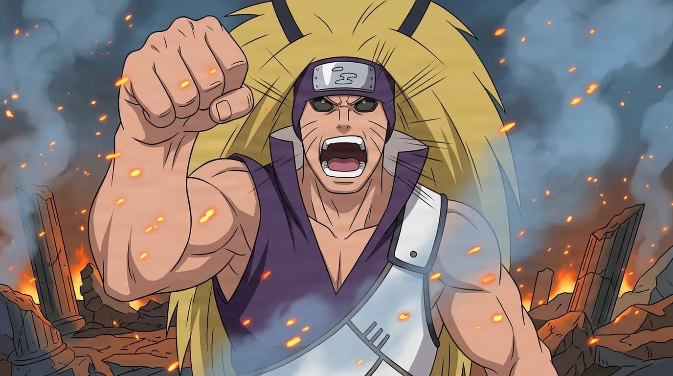 Muscular blond ninja with a purple headband and whisker markings raises a fist and roars amid smoldering ruins and drifting embers.