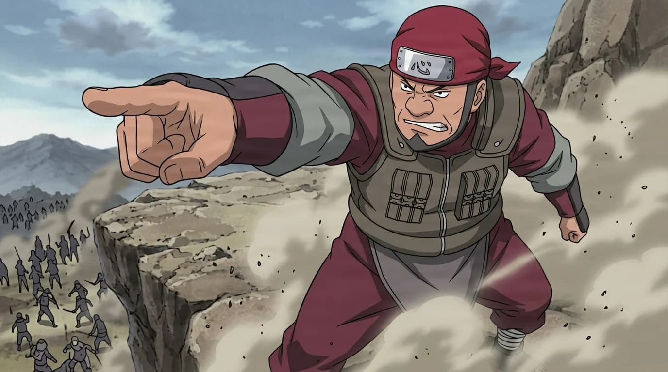 Burly shinobi in a red bandana headband and tan flak vest thrusts an arm forward to point and command an advance on a dusty rocky cliff battlefield.