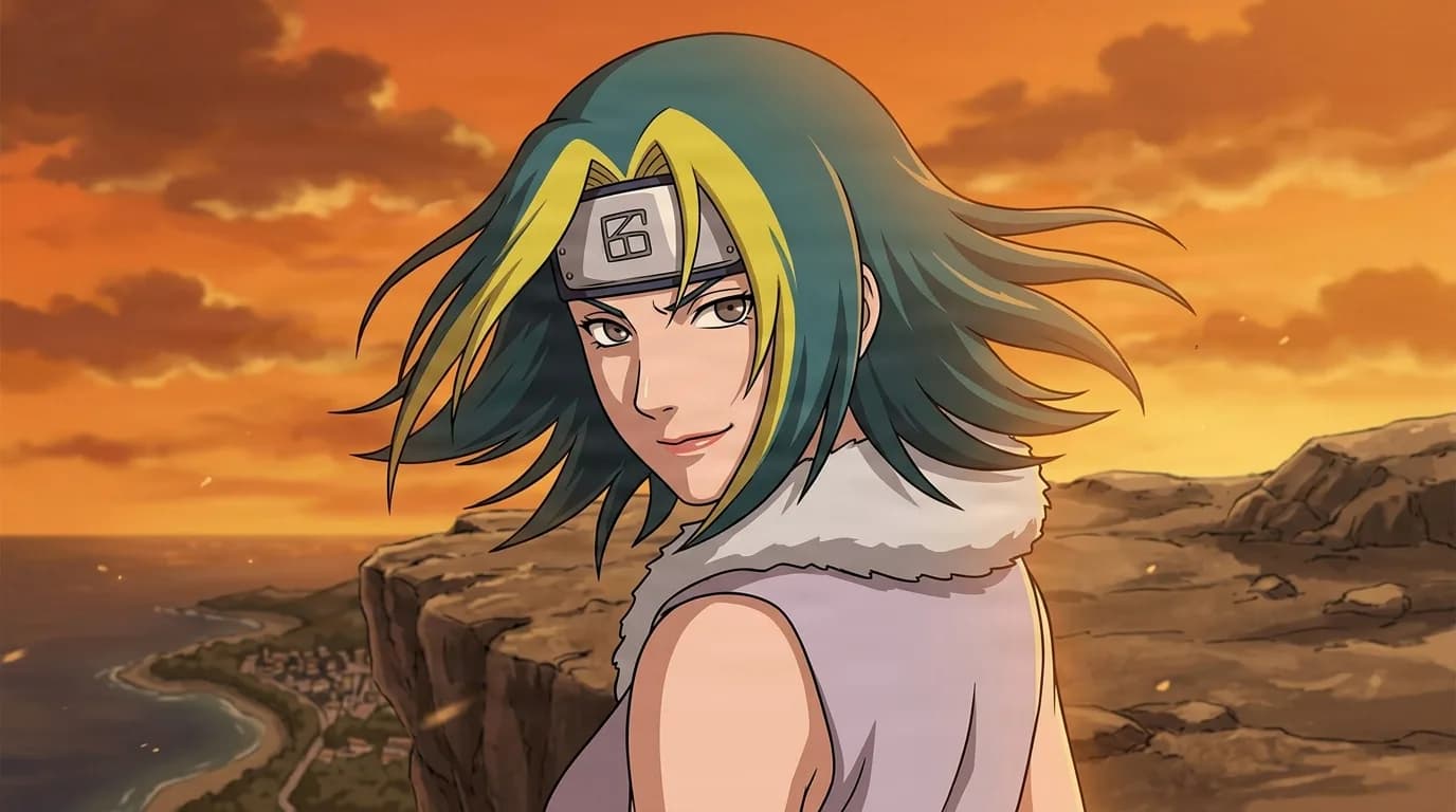 Teal and yellow haired kunoichi with a metal forehead protector and grey fur collar glancing back over her shoulder on a cliff at orange sunset
