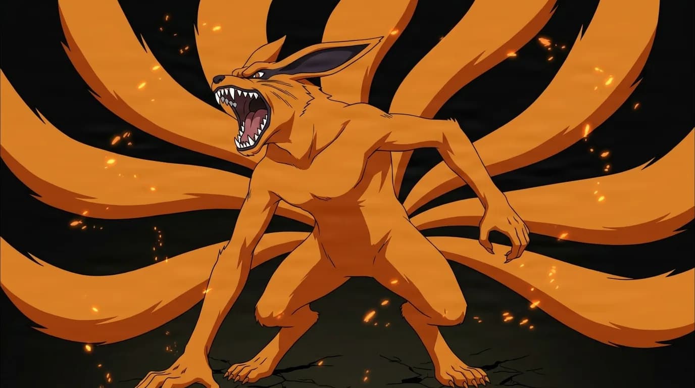A giant orange nine tailed fox rears up roaring with its fanged jaws wide open and all nine long tails fanning out behind it amid glowing embers in the dark.