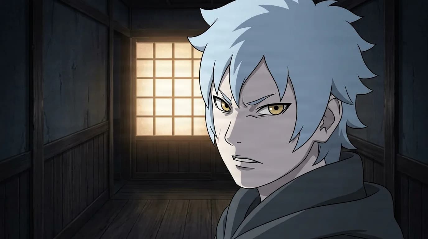 Silver haired young man with yellow eyes glares to the side in a dark corridor lit by a glowing paper screen