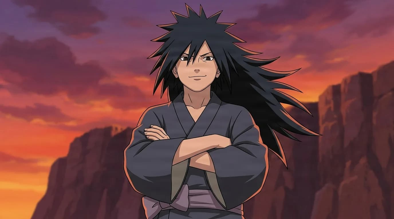 A young man with long spiky black hair stands with his arms crossed and a subtle confident smirk, wearing a dark grey kimono, before a dramatic orange sunset sky and rugged red cliffs.