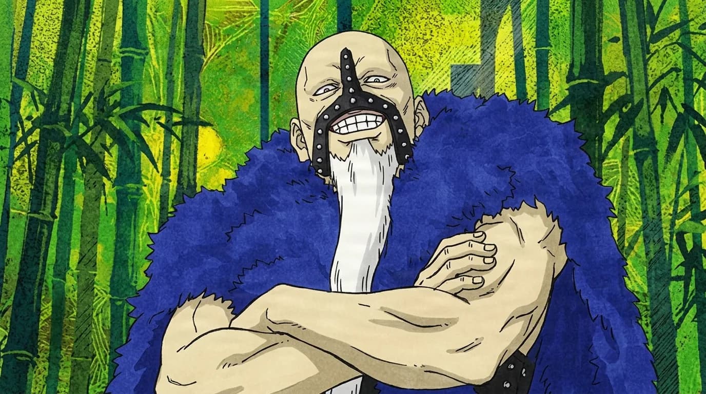 Bald grinning man with a studded facial marking and long white beard crosses his arms before green bamboo