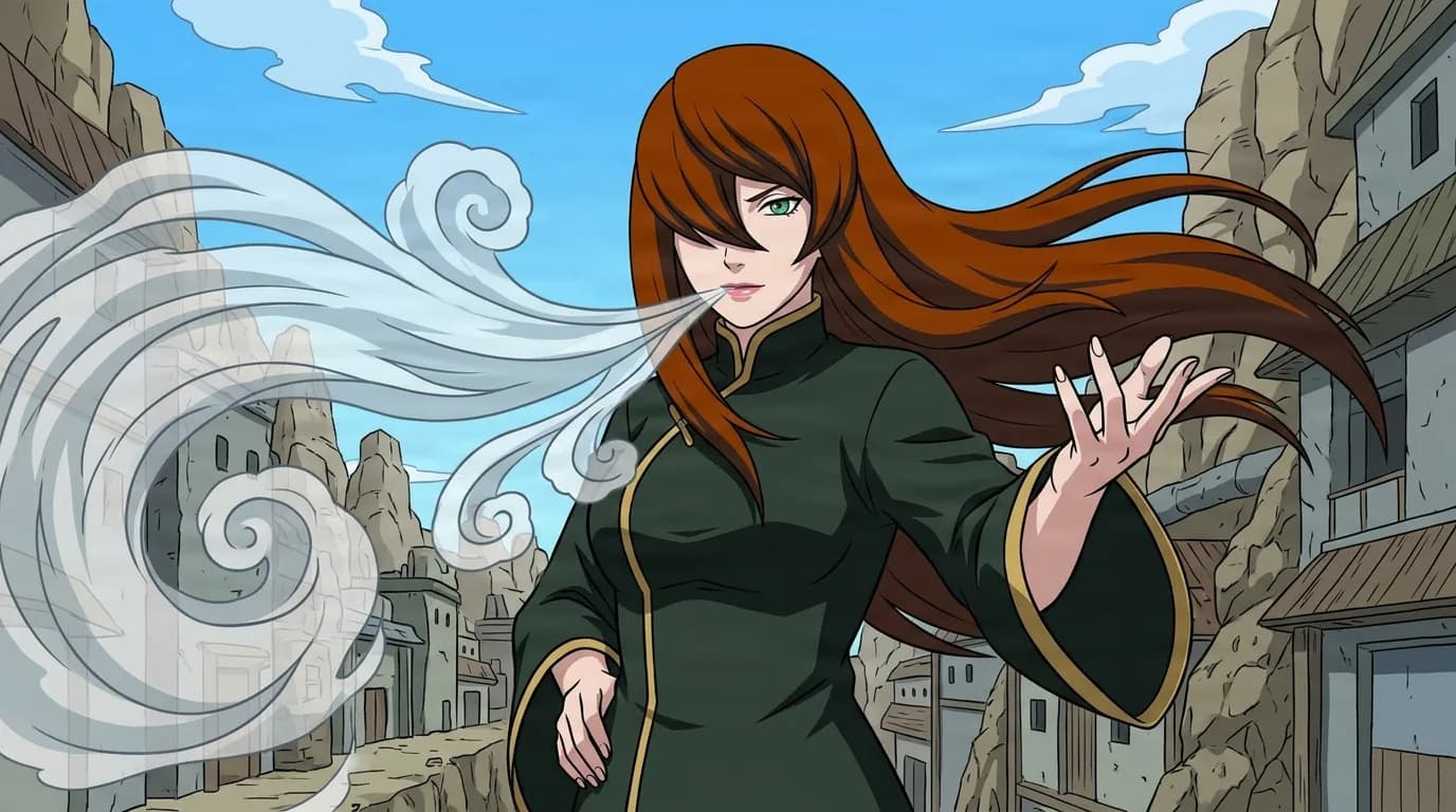A woman with long auburn hair covering one eye, wearing a dark green high-collared robe, raises one hand and exhales a swirling stream of white mist over a rocky mountain village under a blue sky.