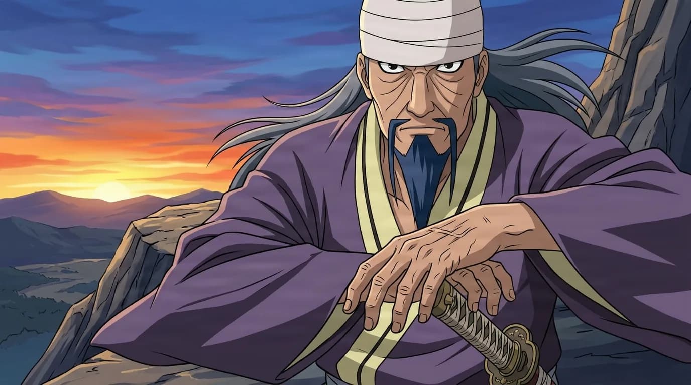 An elderly samurai with long grey hair and a forked beard rests his hand on a sheathed katana on a cliff at sunset