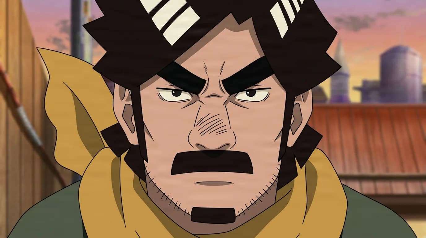 Might Duy from Naruto in a close-framed cel-shaded anime scene with a detailed environment