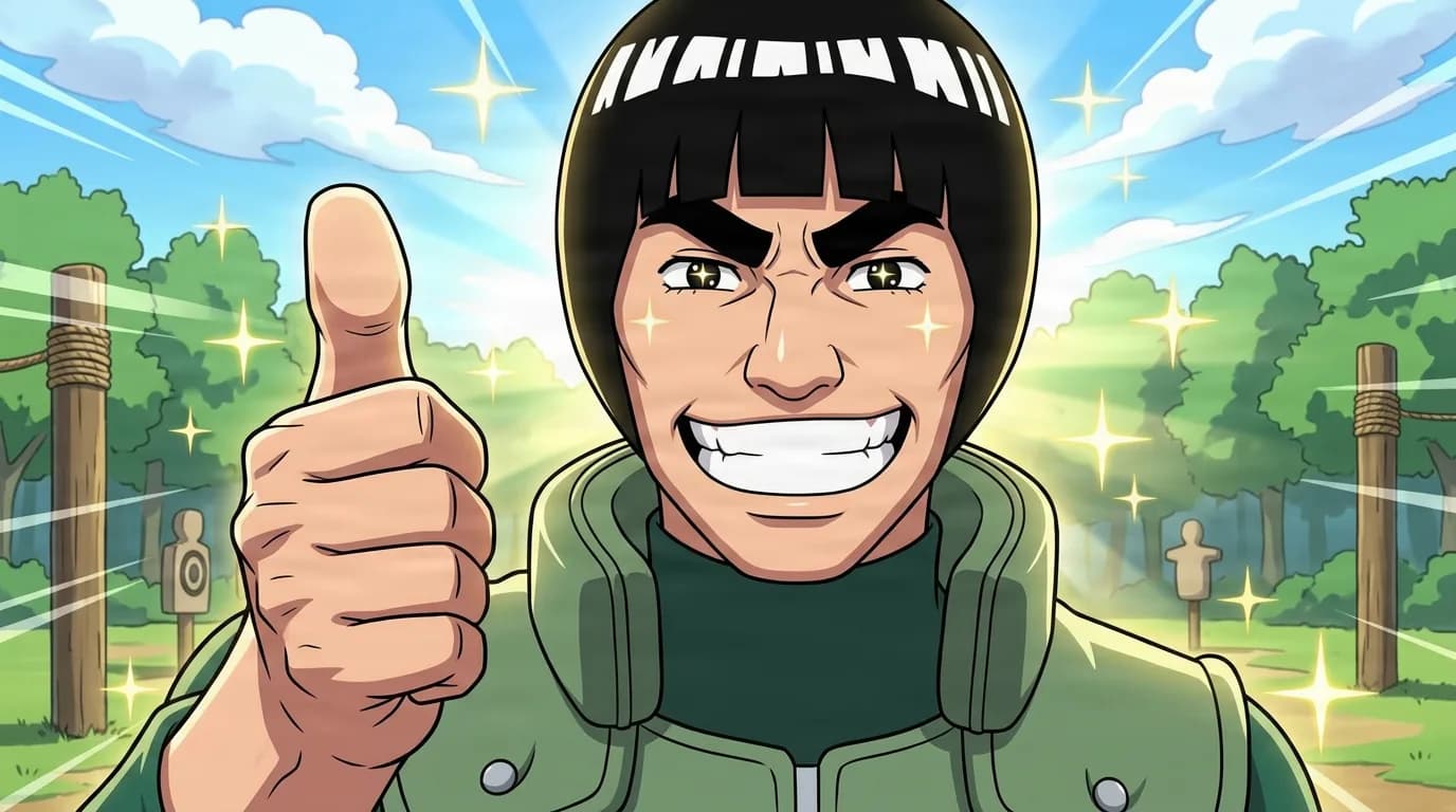 A grinning man with a black bowl cut and thick eyebrows gives an enthusiastic thumbs up in a sunlit training field full of sparkles