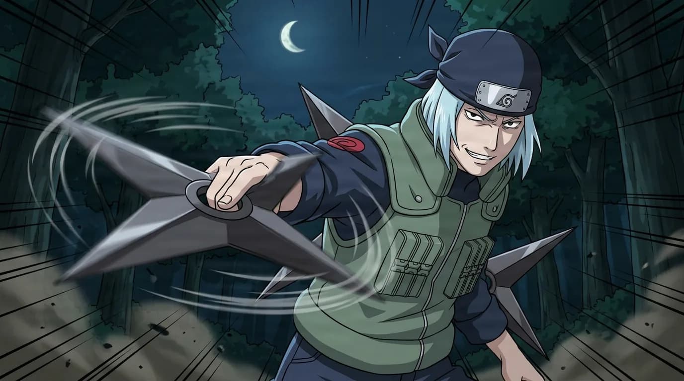 Mizuki hurls a large four bladed windmill shuriken with a menacing smirk in a dark moonlit forest, his pale blue hair tied under a dark bandana headband
