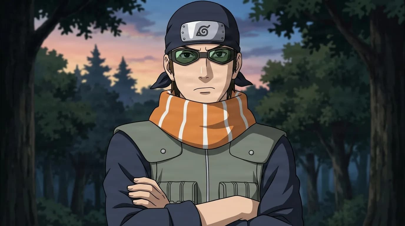 A man wearing a bandana headband, green-tinted goggles and an orange scarf stands with arms crossed in a shadowy forest at dusk