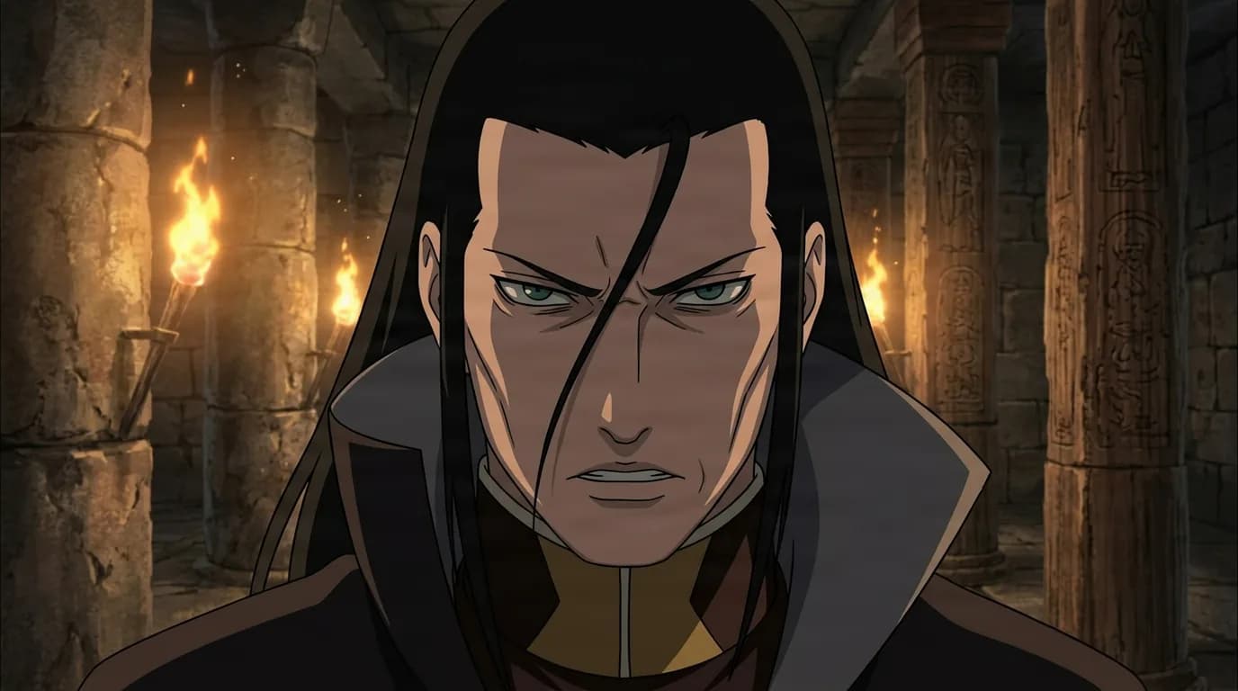 淡い緑の瞳と厳めしい顔の長い黒髪の男が、暗いマントをまとい、松明に照らされた石の寺の広間に立っている