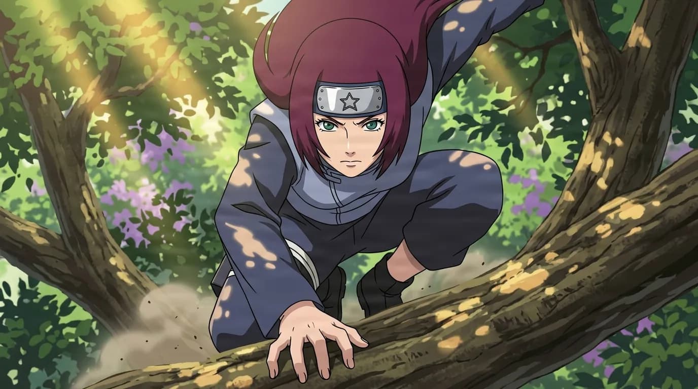 Red haired kunoichi with a star engraved headband crouches on a tree branch reaching forward in a sunlit forest