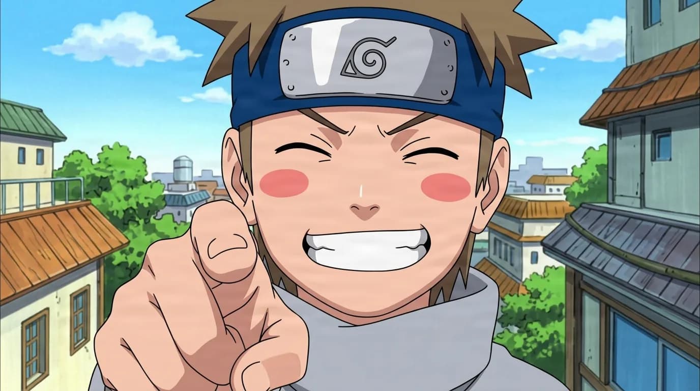 A grinning young boy in a blue Konoha forehead protector points forward with excitement, red blush on his cheeks, above sunlit village rooftops under a blue sky.