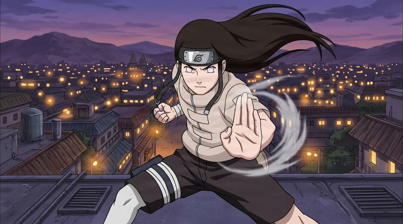 Neji stands in a gentle fist palm strike stance on a village rooftop at dusk, his long dark hair streaming in the wind while the glowing town lights spread out below him