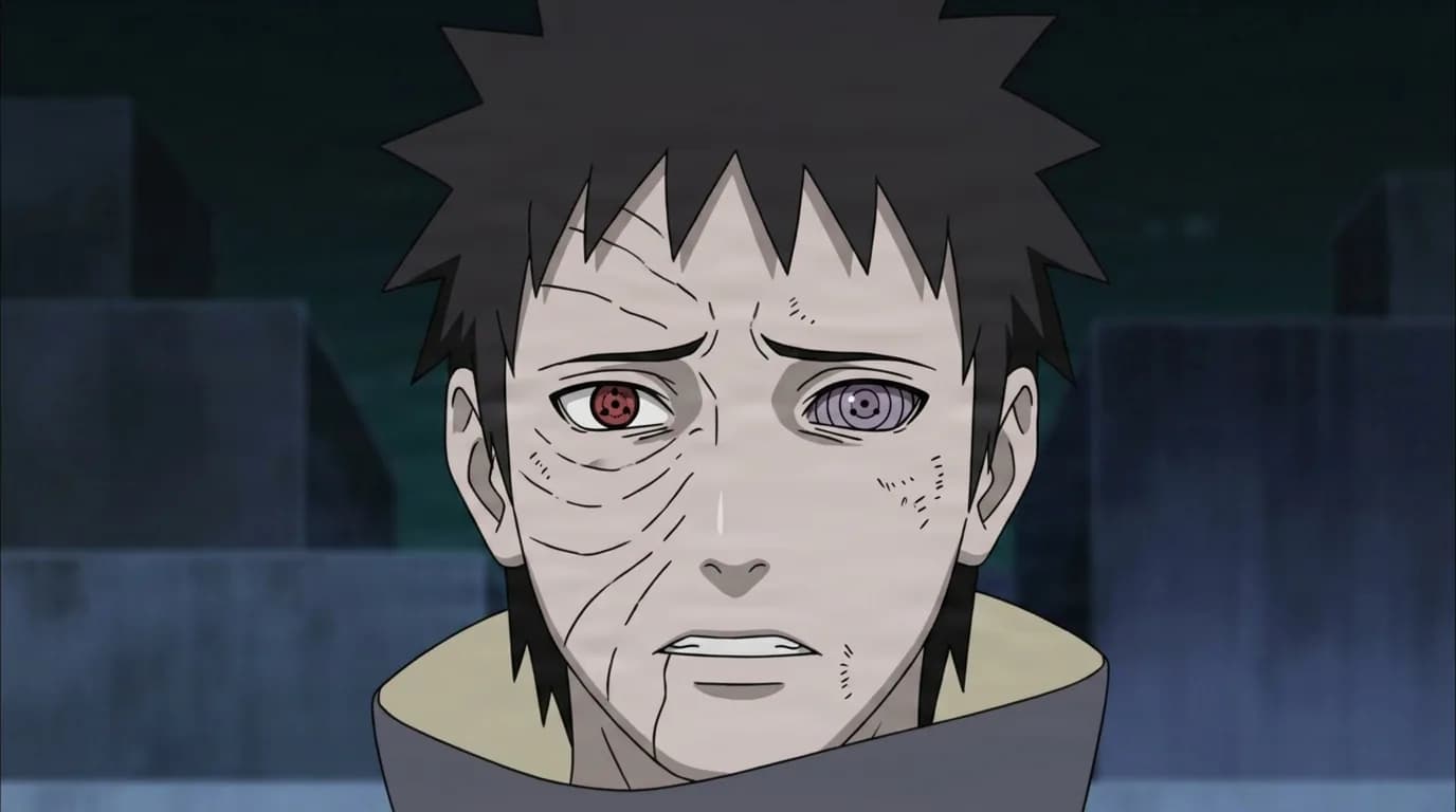 Obito Uchiha from Naruto in a close-framed cel-shaded anime scene with a detailed environment