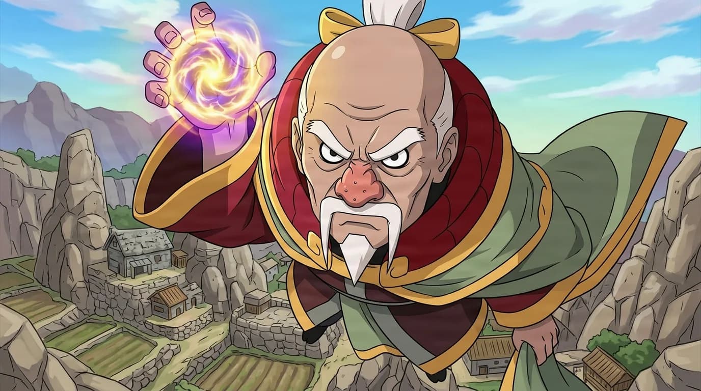 Small elderly leader with a white goatee flying above a rocky mountain village while gathering a glowing sphere of energy in one raised hand