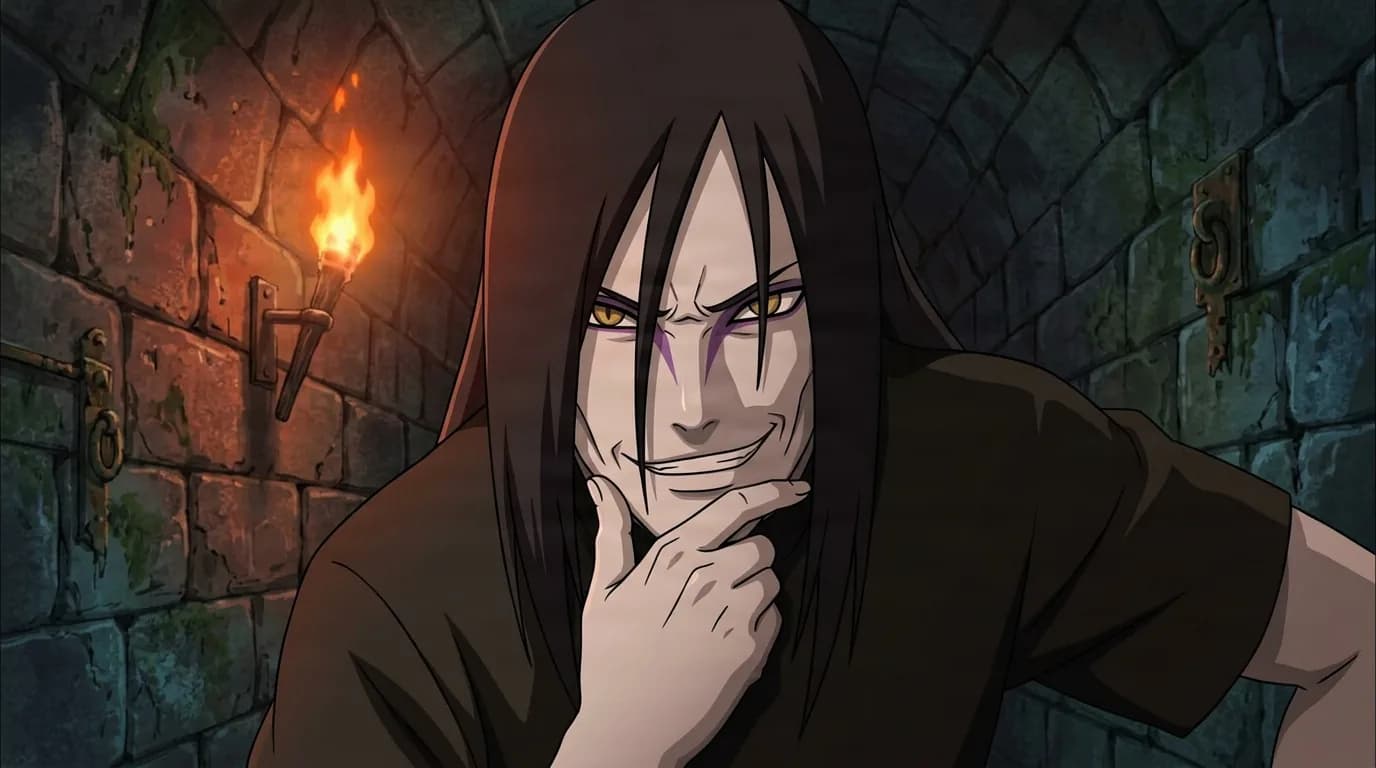 A pale skinned long black haired ninja with piercing yellow snake eyes and purple eye markings smirks slyly with one hand resting under his chin inside a torchlit stone dungeon.