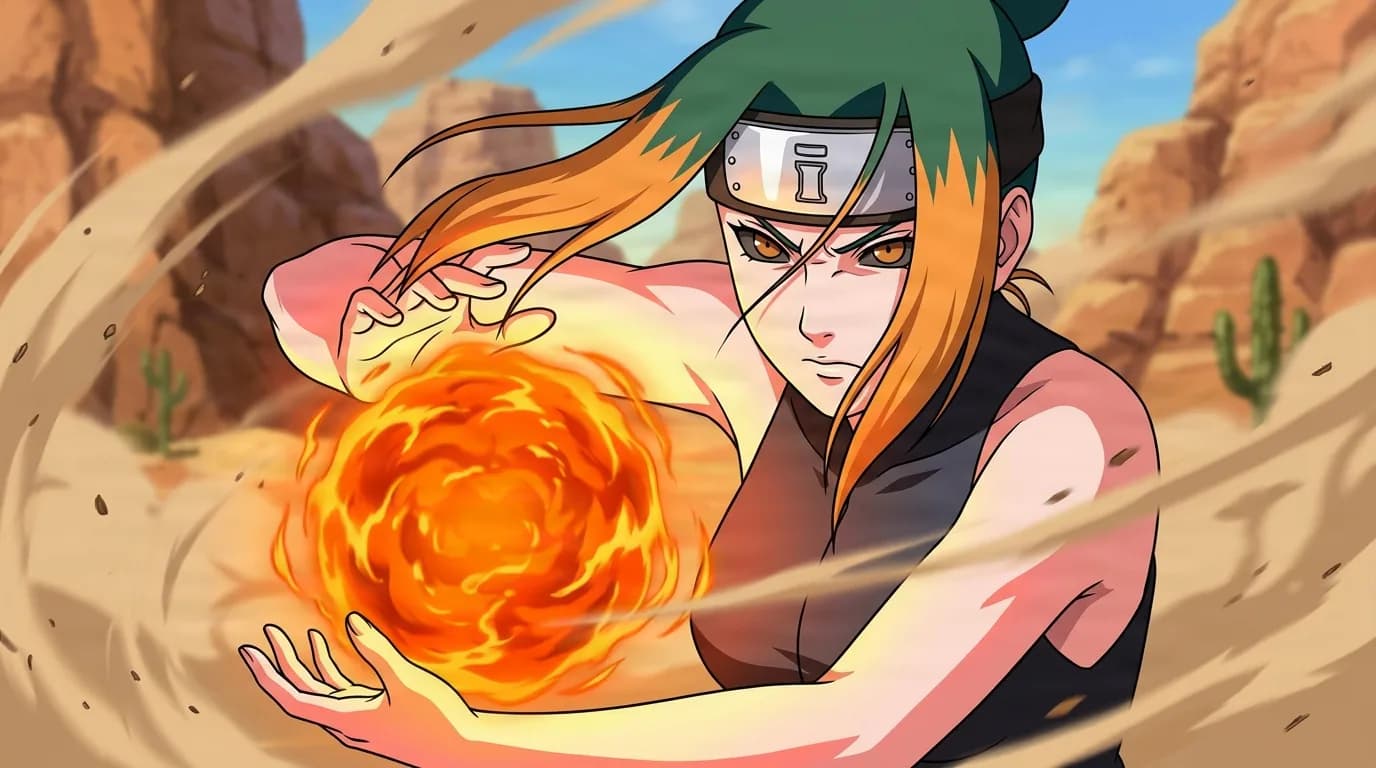 An orange-haired kunoichi with a metal headband channels a swirling orb of fire between her hands in a windy desert canyon