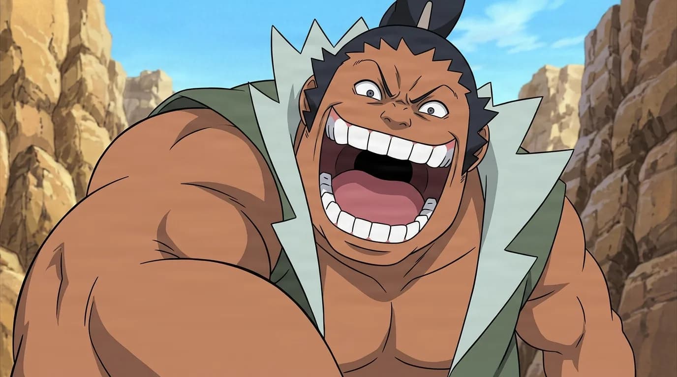 Large muscular tan skinned man with a black topknot and pale fur collar laughing with a wide open mouth in a rocky canyon