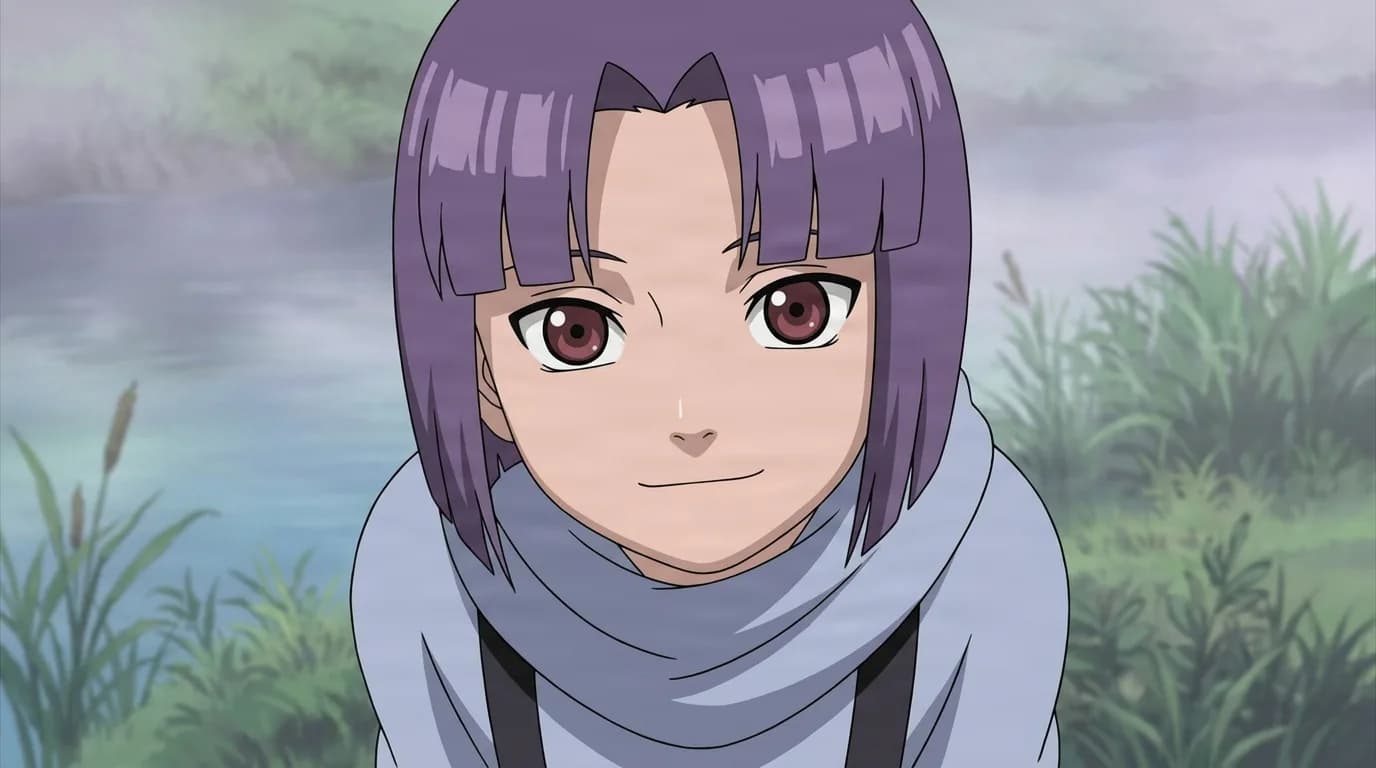 A purple-haired child in a pale scarf leans forward with a faint gentle smile beside a misty riverbank lined with reeds and green grass.