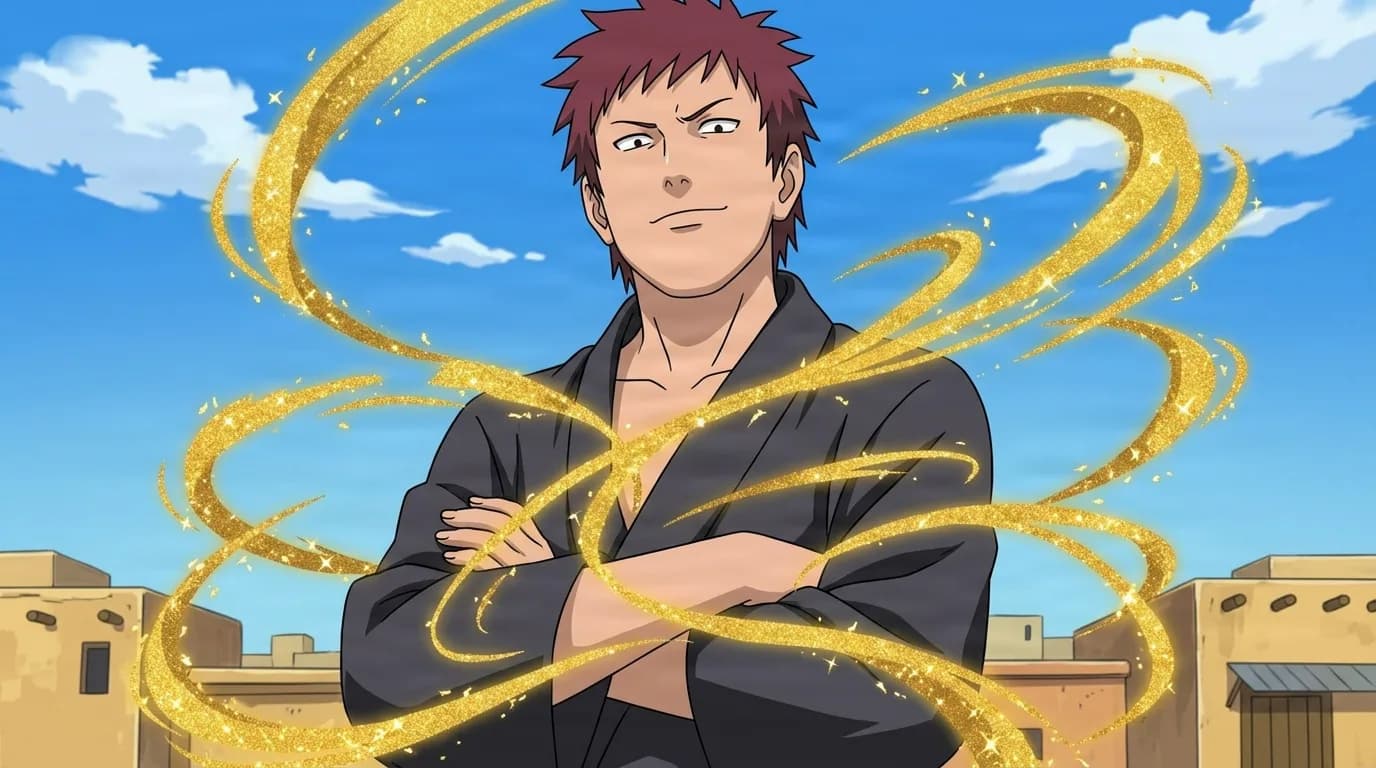 A red-haired man in a dark robe stands with arms crossed as glittering golden dust swirls around him above desert village rooftops