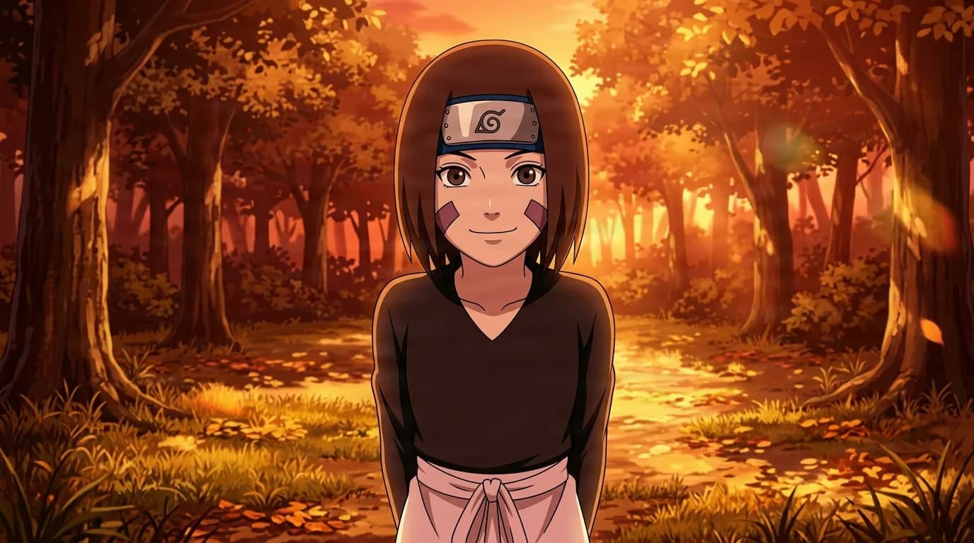 Rin stands alone in an autumn forest at sunset with a soft smile, her short brown hair under a Konoha headband and two purple rectangle marks on her cheeks
