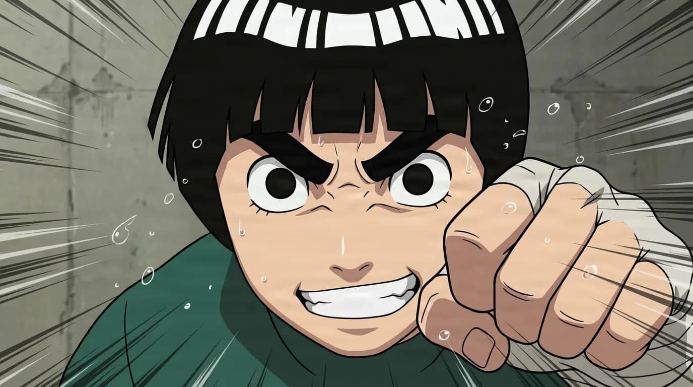 A close-up of a young ninja with a black bowl cut and very thick eyebrows grinning fiercely, sweat flying, holding one bandaged fist up in a fighting guard with sharp motion lines behind him.