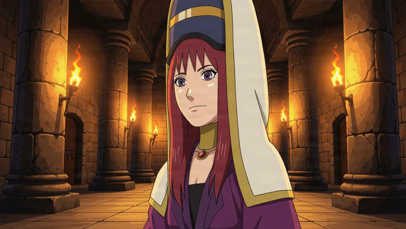 A red-haired woman in a tall blue and gold headdress with a white veil and purple robe stands in a torchlit stone hall lined with pillars.