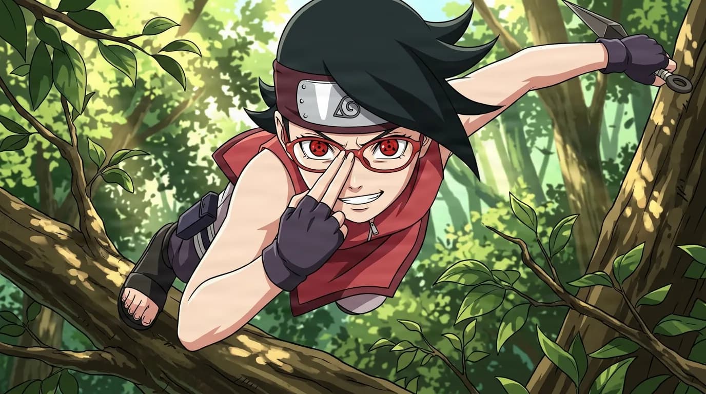 A black-haired girl with red glasses and red eyes pushes up her glasses while leaping through a sunlit forest holding a kunai