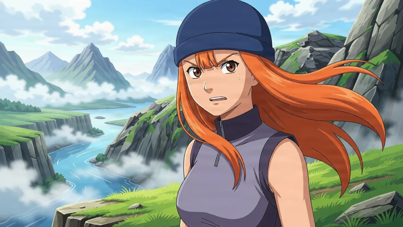 紺色のニット帽と紫の上着のオレンジ髪の少女が、背後に山々を望む霧深い青い川の谷を見下ろす緑の崖に立っている