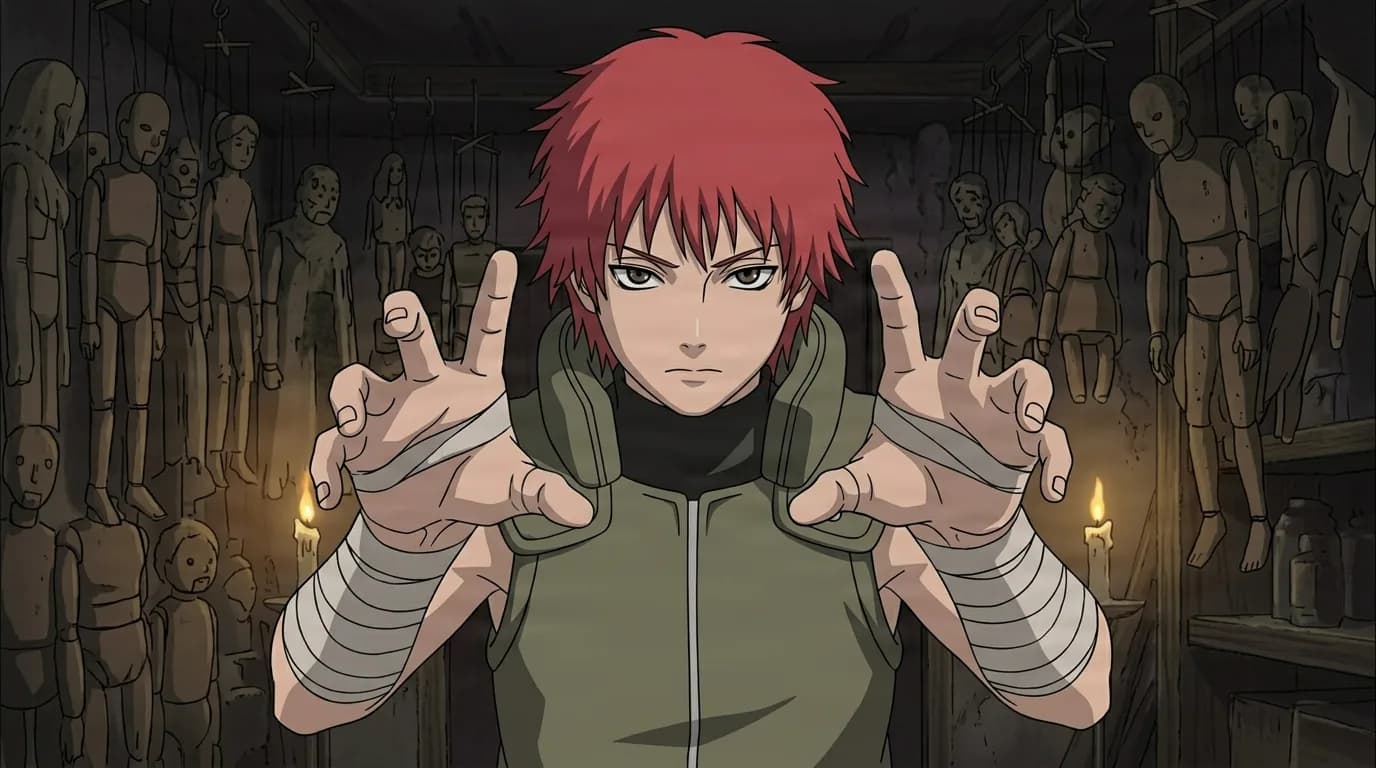 Sasori raises both bandaged hands to work invisible chakra strings in a dim candlelit workshop, red hair and cold eyes surrounded by rows of hanging wooden puppets