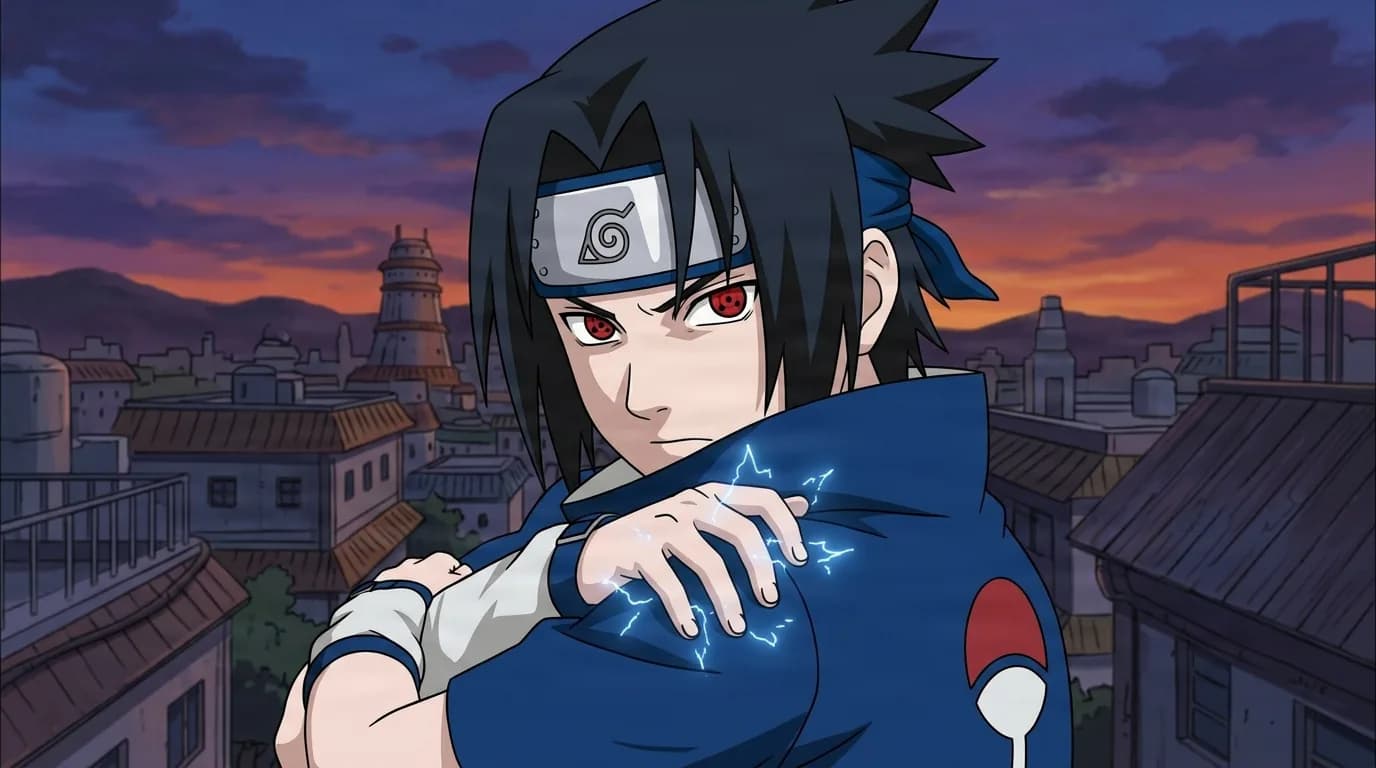 A dark haired ninja with glowing red eyes and a leaf headband looks back over his shoulder as blue lightning crackles around his raised hand above a twilight village.