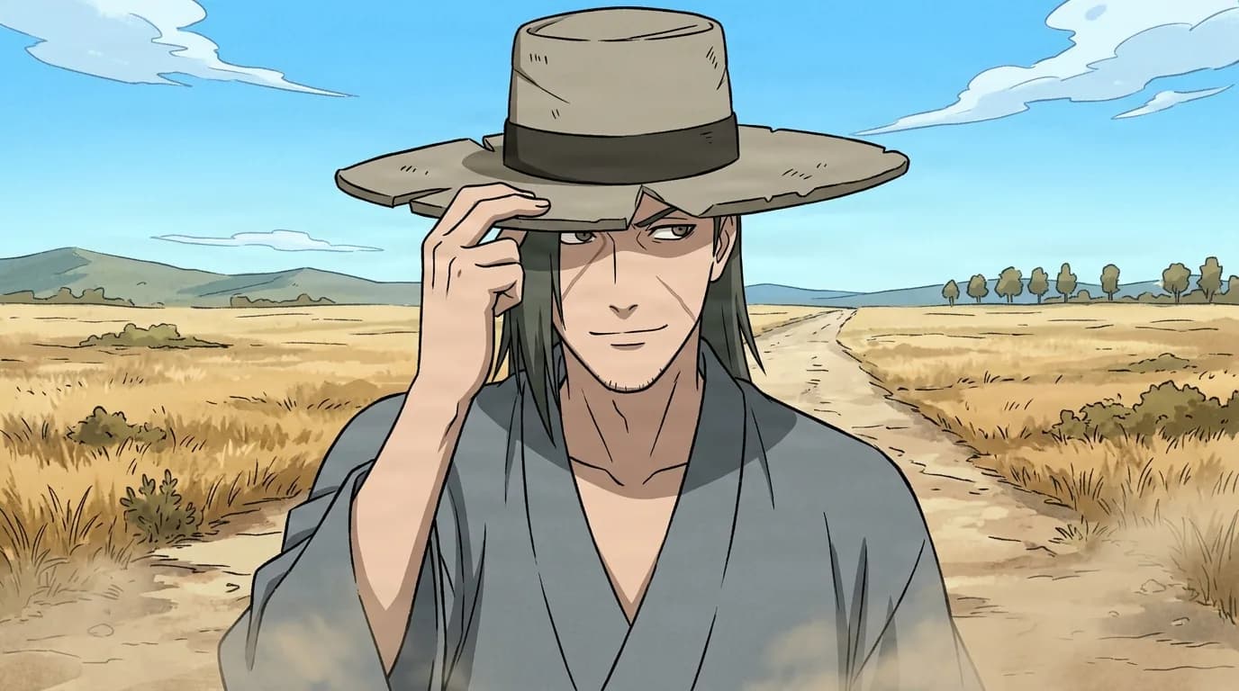 Long haired man in a grey robe lifts the brim of his wide travel hat while walking a dusty road across a golden field
