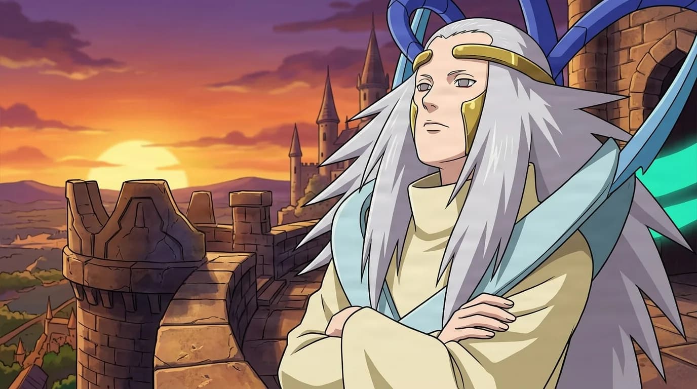 Long silver-haired figure with a gold brow band and blue horns stands with arms folded on a castle rampart at sunset.