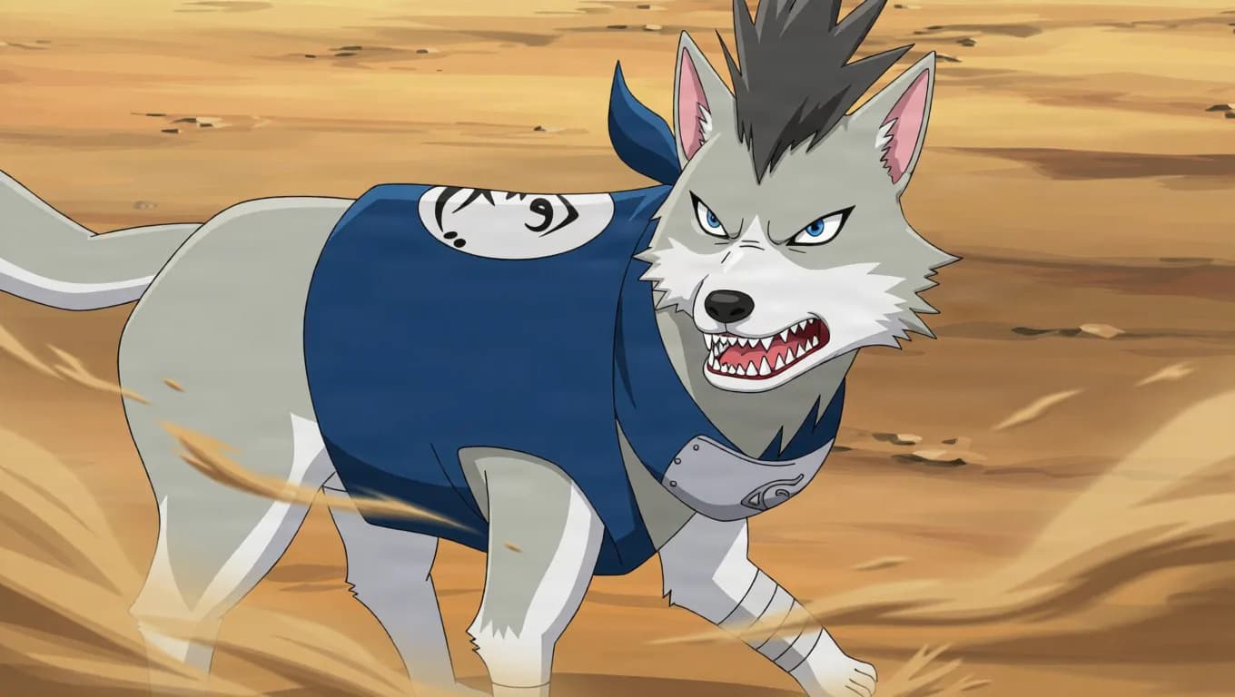 Grey ninja dog with a dark spiky mane wearing a blue vest and a metal arm guard baring its teeth in a fierce growl on a windswept desert plain